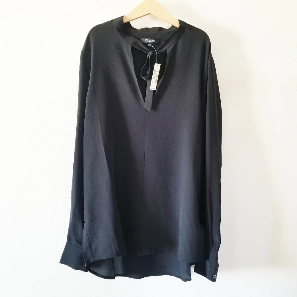 Madewell Silk Blouse Women NWT XS Black V-Neck Tie Hi-Lo Hem
